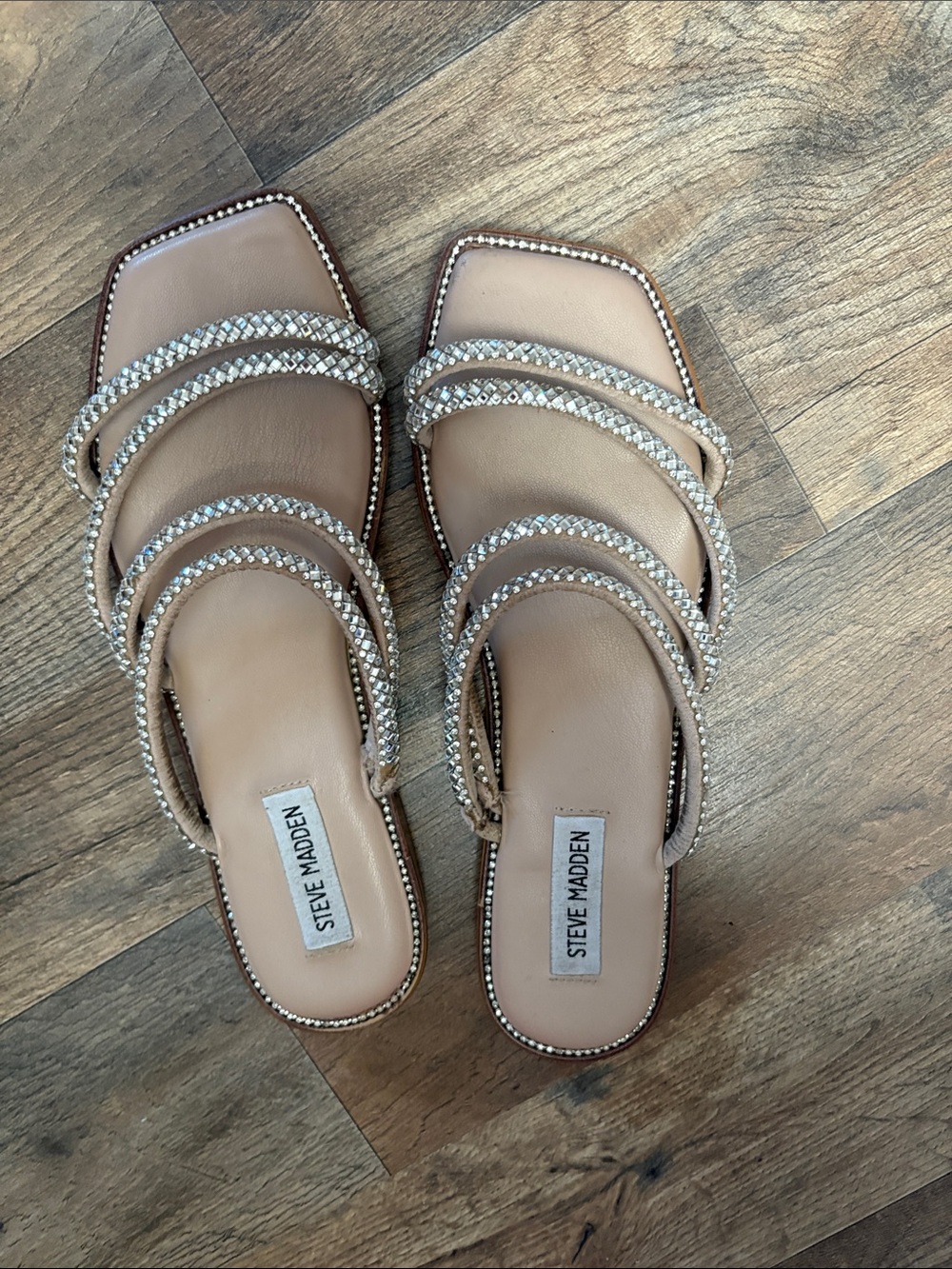 Steve Madden Beige/Tan Crystal-Embellished Slide Mules